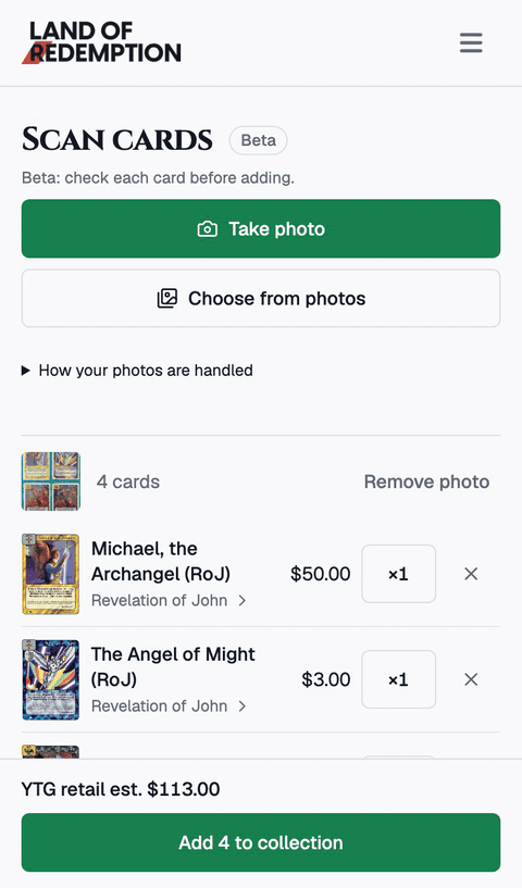 Adding four scanned cards to the collection, then undoing it