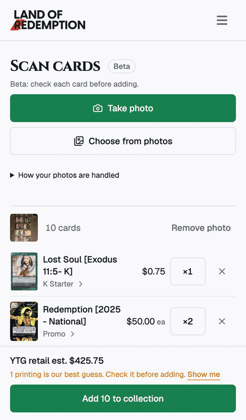 After adding ten cards, View collection shows them at the top under Just added