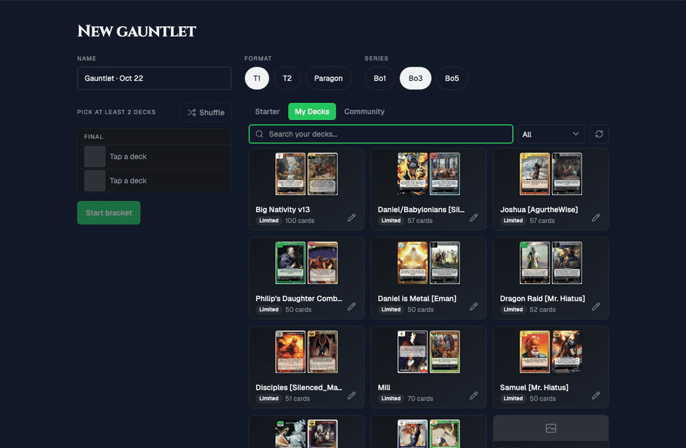 Building a gauntlet: tapping deck tiles fills round one, then Shuffle reseeds