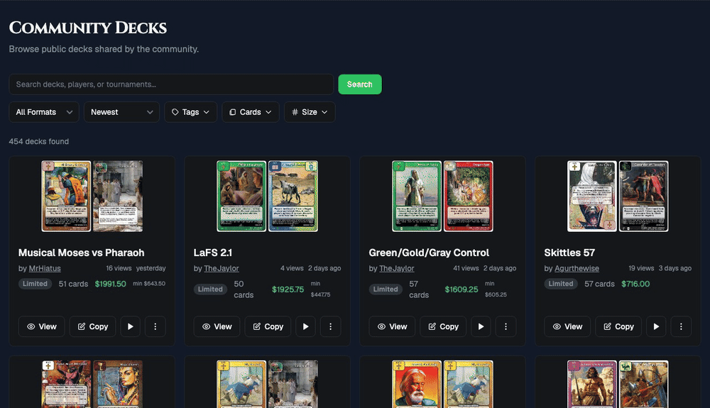 Using the Size filter to narrow community decks to 57 and then 63 cards